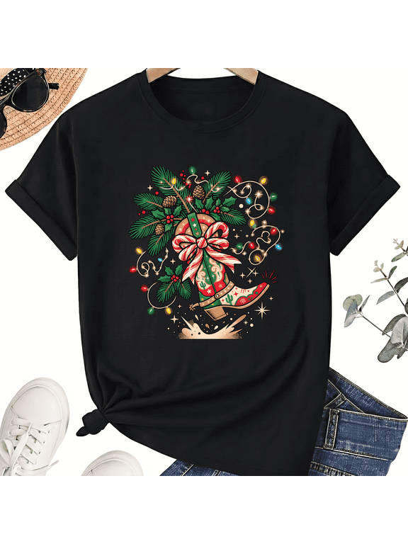 Western Holiday Cowboy Boot Graphic Tee, Unisex Cotton Shirt