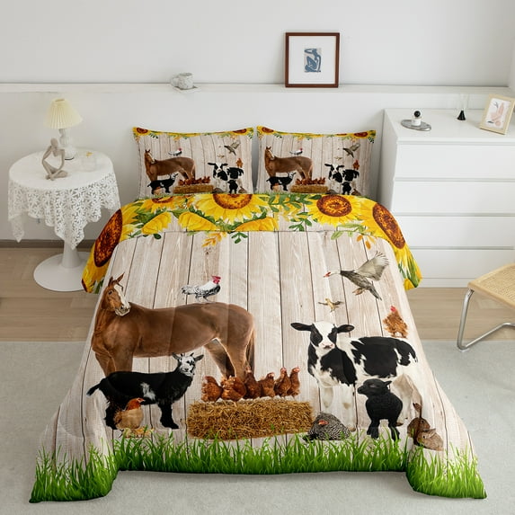 Western Home Decor Rustic Farmhouse Bedding Set Horse Decor Quilt Farm Animals Comforter Set Cabin Wood Sunflower Gifts for Women Twin,Goose Duck Rooster Country Western Room Decor