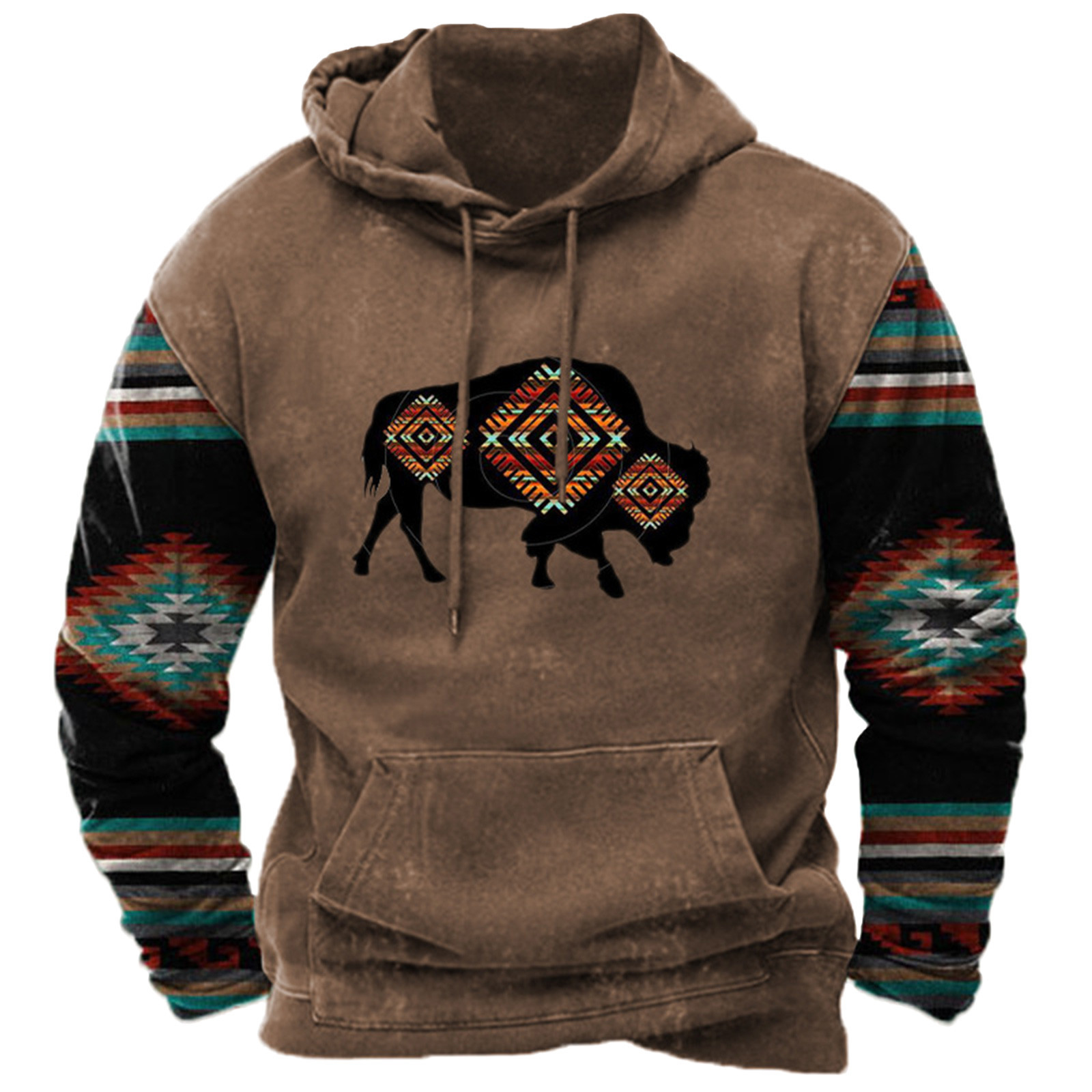 Western Hoodies For Men Fashion Ethnic Print Long Sleeve Pullover