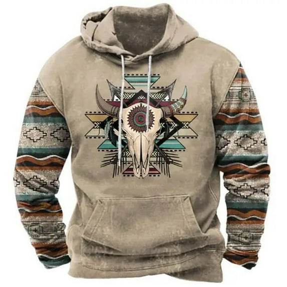 Western Hoodies For Men Vintage Cow Skull Hooded Pullover Aztec Cowboy Long Sleeve Drawstring Sweatshirts With Pocket