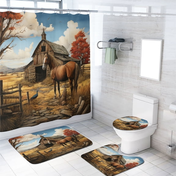 Western Horse 4 Pcs Shower Curtain Set Rustic Farmhouse Animal Barn House Vintage Country with Non-Slip Rugs Toilet Lid Cover and Bath Mat Bathroom Decor Set, 72x72 Inch