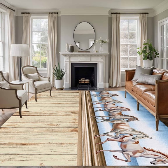 Western Horse Area Rugs 6'x9', Small Throw Rugs for Kitchen Dining room, Farmhouse Wooden Grain Vintage Cowboy Barn Door Indoor Outdoor Rug Non-Slip Low Pile Carpet Runner Reversible Floor Mats