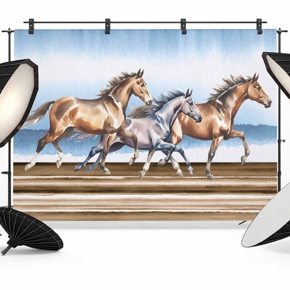 Western Horse Backdrop for Photography, Vintage Watercolor Brown Grey Running Horses Photo Backdrop Portrait Background Party Banner Photo Backgrounds for Studio Booth Props, 7x5ft