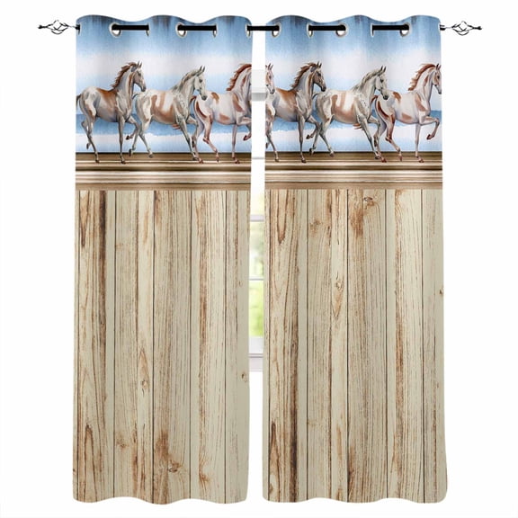 Western Horse Blackout Curtains for Bedroom, Farmhouse Wooden Grain Vintage Cowboy Barn Door Thermal Insulated Kitchen Drapes with Grommets, Light Blocking Window Treatment, 2 Panels 52" x 63"