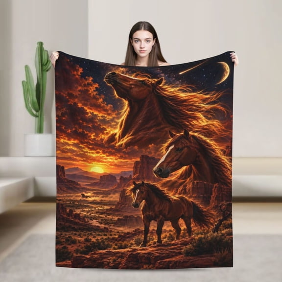 Western Horse Blanket Desert Sunset Flannel Throw Blanket Cowboy Gift for Horse Lovers and Western Decor 50x40 in