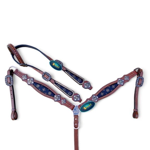 Western Horse Bridle Breast Collar Set - Argentina Cow Leather, Chocolate Brown, Set Decorated with Gorgeous Printed Inlay, Silver Rhinestones, Handcrafted Diamond Shape Conches, and Stitching Detail