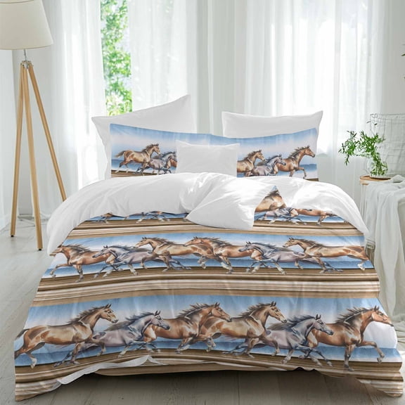 Western Horse Comforter Set Queen Size, Vintage Watercolor Brown Grey Running Horses Soft Bedding Set for Man Woman, 4 Pieces Duvet Cover Set with Fitted Sheet, 2 Pillowcases