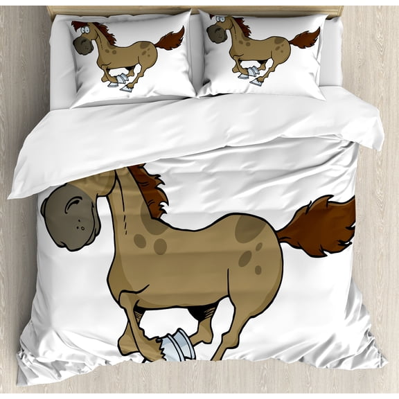 Western Horse Duvet Cover Set, Galloping Equine Animal in Cartoon Style on Plain Backdrop Illustration, Decorative 3 Piece Bedding Set with 2 Pillow Shams, Queen Size, Dark Khaki, by Ambesonne