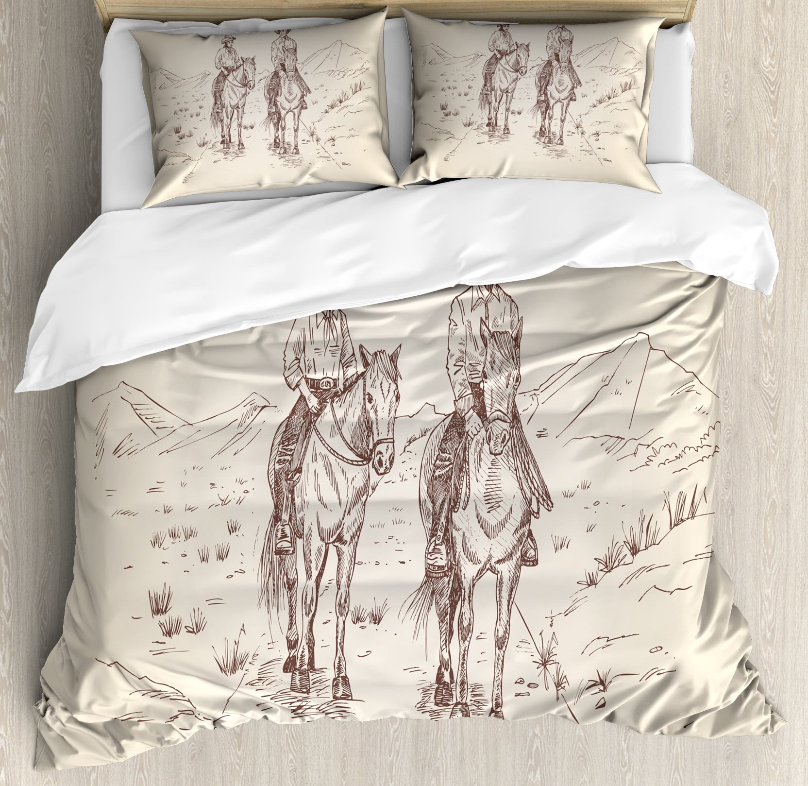 Western Horse Duvet Cover Set, Hand Drawn Cowboys on Horseback Riding