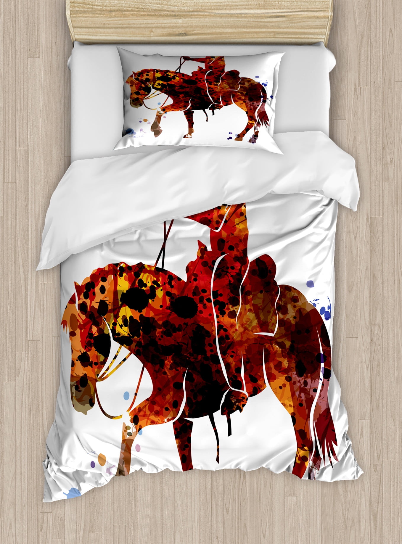 Twin Size Burgundy and Multicolor Horse Duvet Cover Set