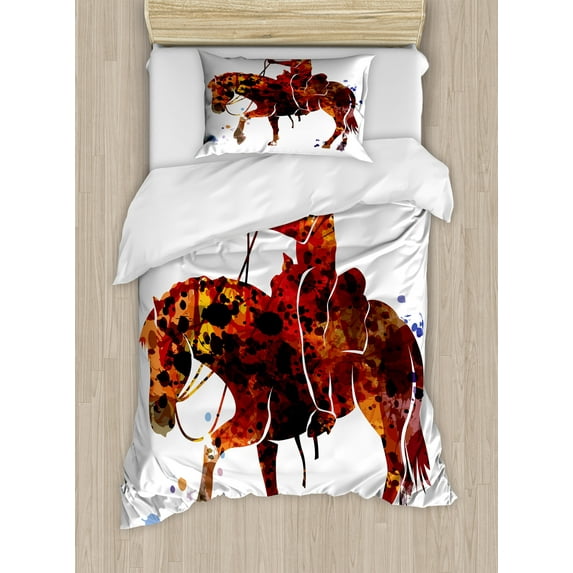 Western Horse Duvet Cover Set, Watercolor Cowboy Silhouette Doing Horseback Riding in Wild West, Decorative 2 Piece Bedding Set with 1 Pillow Shams, Twin Size, Burgundy and Multicolor, by Ambesonne