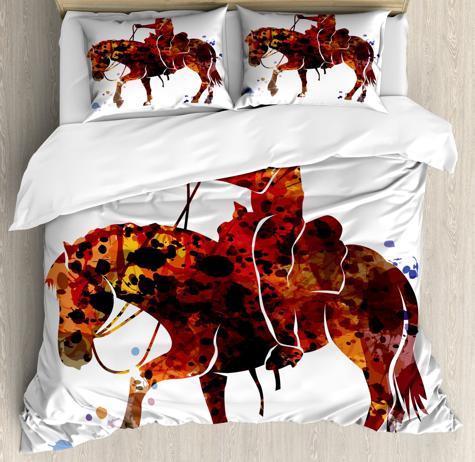 Western Horse Duvet Cover Set, Watercolor Cowboy Silhouette Doing