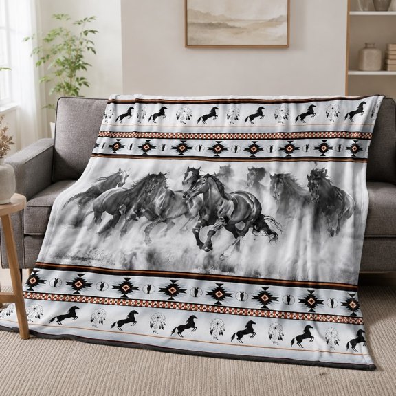 Western Horse Fleece Throw Blanket, Soft 280 Gsm Polyester, Rustic Decor for Couch, Sofa & Bed