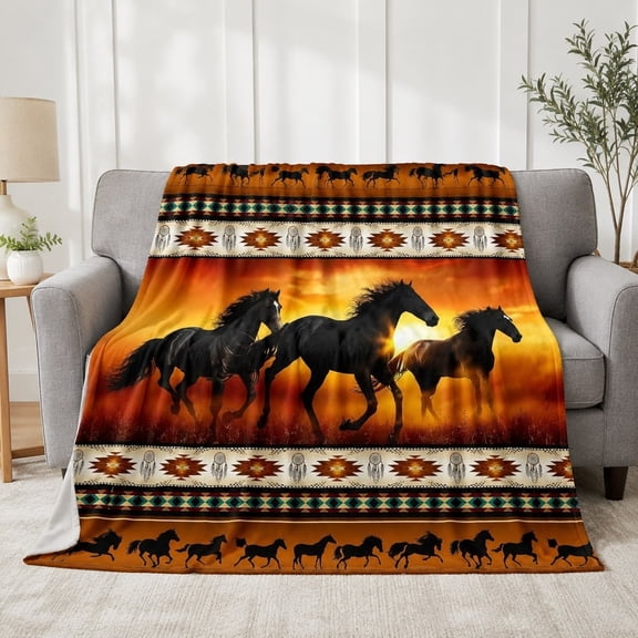 Western Horse Fleece Throw Blanket, Soft 280 Gsm Polyester, Rustic Decor for Couch, Sofa & Bed