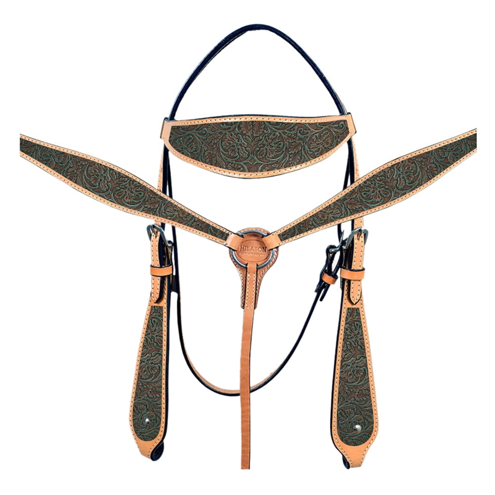 Ensemble Têtière Et Collier Poitrine HILASON - Cuir Marron - Motif Floral - Neuf