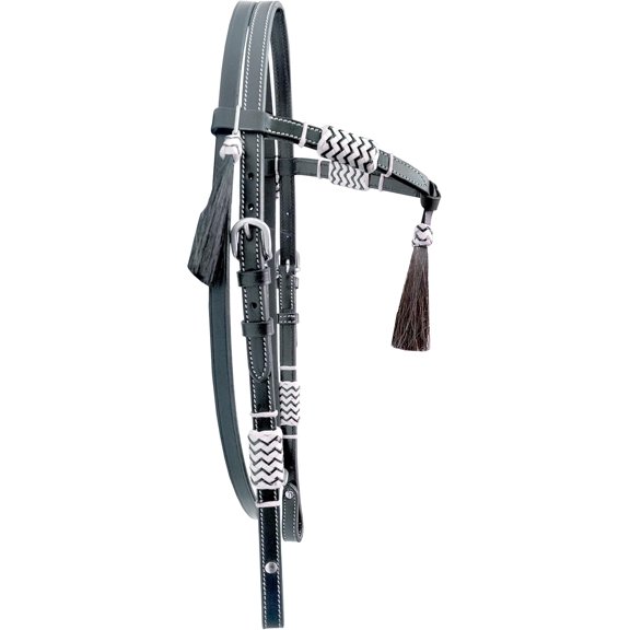 Western Horse Headstall Standard Size Adjustable Hand Braided Genuine Leather Bridle Crafted with Pure Leather and White and Black Color Hair Tassels, Black Color Leather (Full Size)