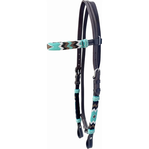 Western Horse Headstall Standard Size  Adjustable Hand Braided Genuine Leather Bridle with Rawhide Knotting, Stitched Accents & Multicolor Beads, Western Riding Tack, Light Brown