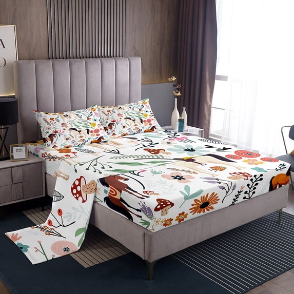 Western Horse King Sheet Set,Mushroom Floral Sheets Cartoon Animal Bed Sheets Set,Watercolor Flowers Leaves Bedding Set Kawaii Room Decor
