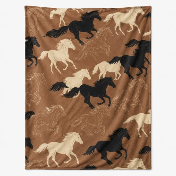 Western Horse Print Fleece Throw Blanket, Soft 280 Gsm Polyester, Rustic Decor for Couch, Sofa & Bed