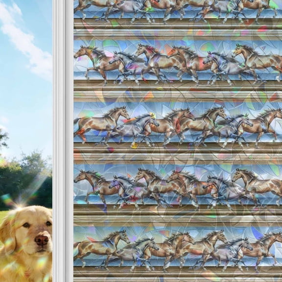 Western Horse Rainbow Window Privacy Film, Vintage Watercolor Brown Grey Running Horses Stained Glass Window Film, Sun Blocking Glass Clings Static Cling Non Adhesive Door Stickers 19.6 x 39.3 Inches