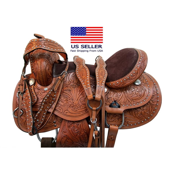 Western Horse Saddle Barrel Racing Floral Tooled Trail Pleasure Leather 18 17 16 15 With Headstall Breast Collar & Reins | Free Shipping