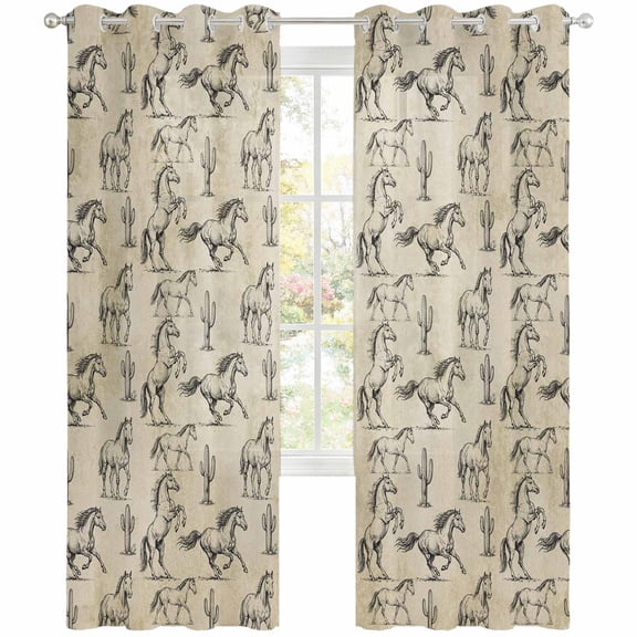 Western Horse Sheer Curtains 96 Inch Long 2 Panels, Country Vintage Rustic Cowboy Farm Desert Cactus Light Filtering Semi Sheer Drapes Grommet Voile Window Curtain for Living Bedroom W52 x L96