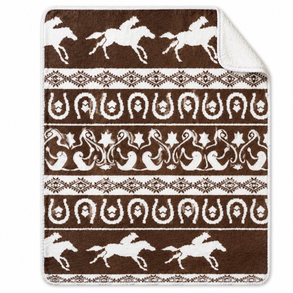 Western Horse Sherpa Throw Blanket, Brown Ranch Pattern Fleece Front with Sherpa Back