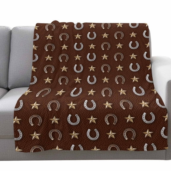 Western Horse Shoes Fleece Throw Blanket Lightweight Vintage Stars Horse Shoes Brown Leather Texture Fuzzy Flannel Throws Super Soft Cozy Flannel Blanket for Couch, Sofa, Bed, Travel 50"x80"