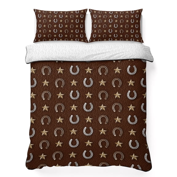Western Horse Shoes Full Quilt Bedding Set, Vintage Stars Horse Shoes Brown Leather Texture Lightweight Comforter with 2 Pillow Shams Bedroom Bedspread Set Home Decor for All Seasons