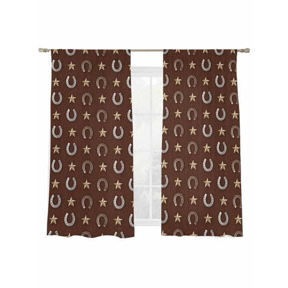 Western Horse Shoes Sheer Curtains 2 Panels Set Vintage Stars Horse Shoes Brown Leather Texture Sheer Window Curtains Light Filtering Rod Pocket Voile Drapes for Bedroom Living Room 52"X72"