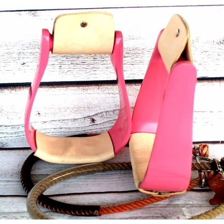 Western Horse Show Saddle Stirrups Pink Aluminum Leather Tread Rodeo Tack 5171