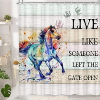 Western Horse Shower Curtain, Farmhouse Motivational Inspirational Funny Quote Live Like Someone Left The Gate Open Fabric Shower Curtain Set, Vintage Rustic Wooden Cloth Bathroom Curtain 72X72in