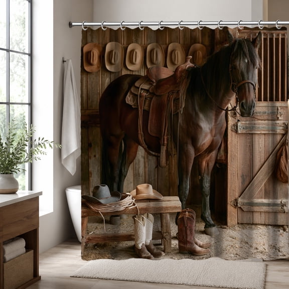 Western Horse Shower Curtain, Rustic Cowboy Ranch Bathroom Decor, Brown Saddle Barn Scene Bath Curtain, Farmhouse Country Horse Lover Bathroom Accessories, 70.87 x 70.87 Inch