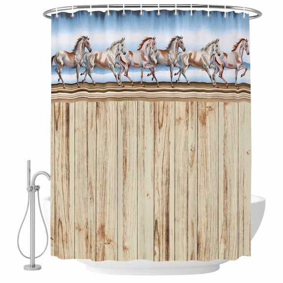 Western Horse Shower Curtain Set - Standard 72" x 72" Washable Bathtub Curtain with 12 Hooks, Farmhouse Wooden Grain Vintage Cowboy Barn Door Waterproof Fabric Shower Curtains for Bathroom/Bathtub