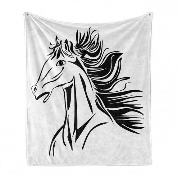 Western Horse Soft Flannel Fleece Blanket, Drawing of Stallion Head Beast Simple Line Art Vector Illustration, Cozy Plush for Indoor and Outdoor Use, 50" x 60", Charcoal Grey White, by Ambesonne