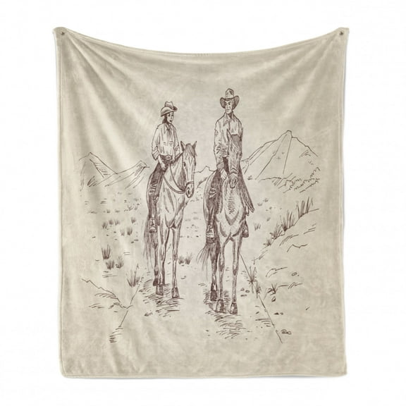 Western Horse Soft Flannel Fleece Blanket, Hand Drawn Cowboys on Horseback Riding in a Desert Trail Sketch, Cozy Plush for Indoor and Outdoor Use, 60" x 80", Eggshell and Warm Taupe, by Ambesonne
