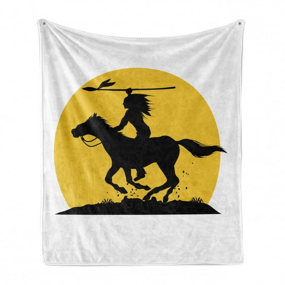 Western Horse Soft Flannel Fleece Blanket, Silhouette of a Tribal Ethnic Man Horseback Riding on Sun, Cozy Plush for Indoor and Outdoor Use, 70" x 90", Dark Yellow and Charcoal Grey, by Ambesonne