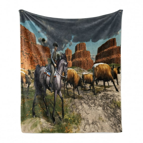 Western Horse Soft Flannel Fleece Throw Blanket, American Cowboy Wrangler Herding Cattle in Meadow Digital Illustration, Cozy Plush for Indoor and Outdoor Use, 60" x 80", Multicolor, by Ambesonne