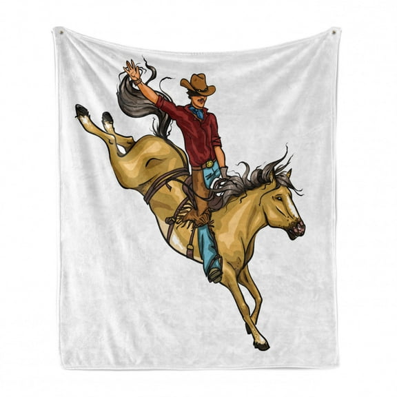 Western Horse Soft Flannel Fleece Throw Blanket, Wild West Illustration of a Rodeo Cowboy Riding a Bucking Bronco Saddle, Cozy Plush for Indoor and Outdoor Use, 70" x 90", Multicolor, by Ambesonne