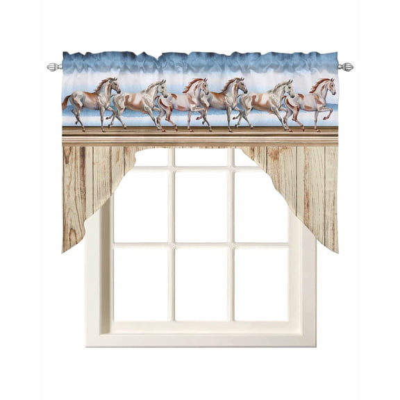 Western Horse Swag Curtains for Kitchen Farmhouse Wooden Grain Vintage Cowboy Barn Door Valances for Windows Rod Pocket Small Window Treatment Short Topper for Cafe Bedroom Bathroom Decor 56x36 Inch