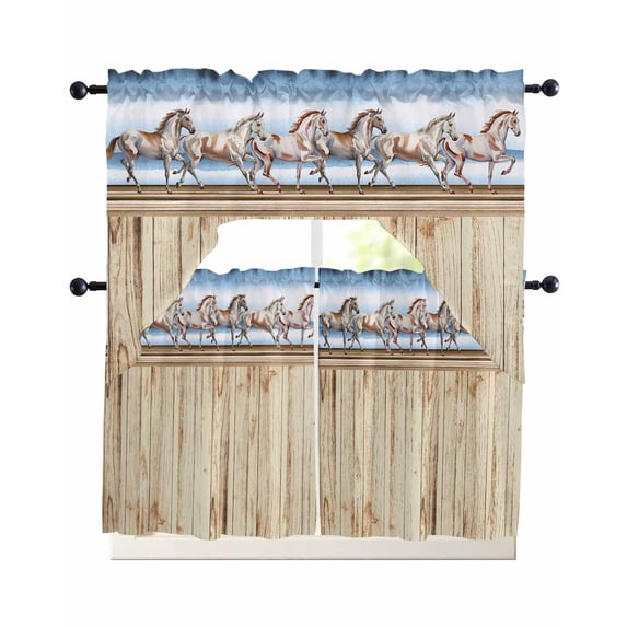 Western Horse Swag Kitchen Curtains Sets for Windows 24 Inch Length, Farmhouse Wooden Grain Vintage Cowboy Barn Door Short Window Curtain Swags Valances and Tiers 3 Piece Set for Cafe/Dining Room