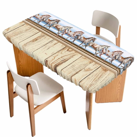 Western Horse Table Cloths for 3 Foot Rectangle Tables, Farmhouse Wooden Grain Vintage Cowboy Barn Door Patio Waterproof Elastic Fitted Tablecloths, Washable Rectangular Table Cover for Camping