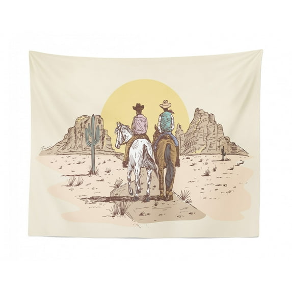 Western Horse Tapestry, Hand Drawn Cowboys on Horseback Riding in a Desert Trail Sketch, Fabric Wall Hanging Decor for Bedroom Living Room Dorm, 2 Sizes, Eggshell and Warm Taupe, by Ambesonne