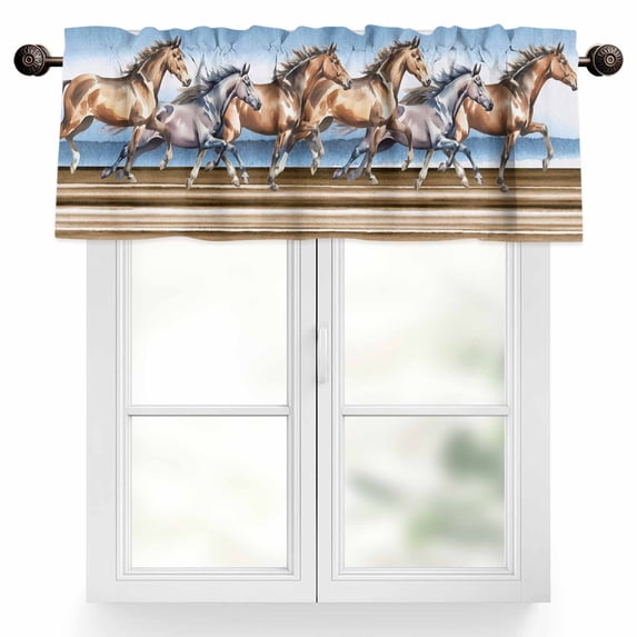 Western Horse Valances for Windows Vintage Watercolor Brown Grey Running Horses Valance Curtains Rod Pocket Bathroom Small Window Treatments for Kitchen Living Room Bedroom, 54"x18"