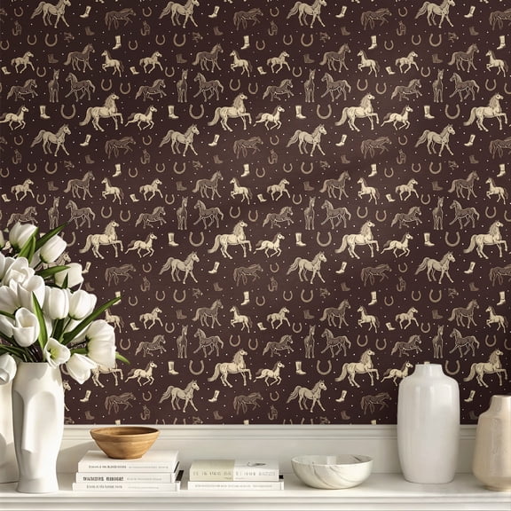 Western Horse Wallpaper Brown Cowboy Boots Horseshoe Pattern Peel and Stick Wall Paper Self-Adhesive Removable Wallpaper Roll for Bedroom Nursery Living Room Farmhouse Home Decor Easy to Apply
