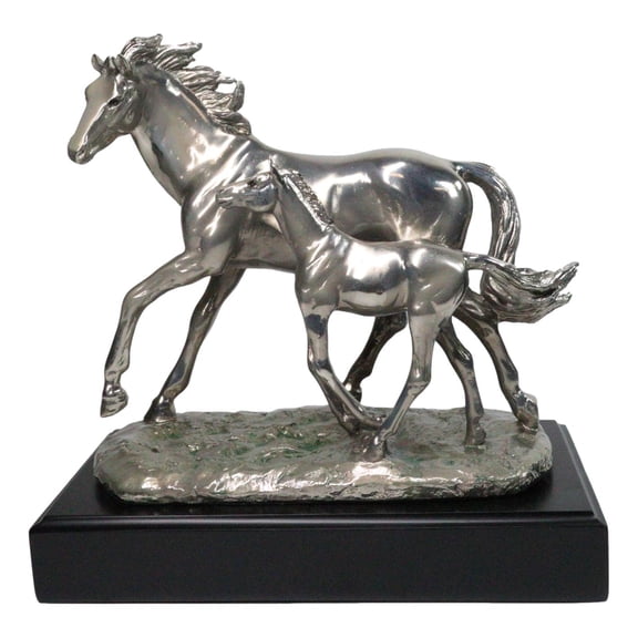 Western Horse and Foal Chrome Electroplated Resin Figurine With Museum Base