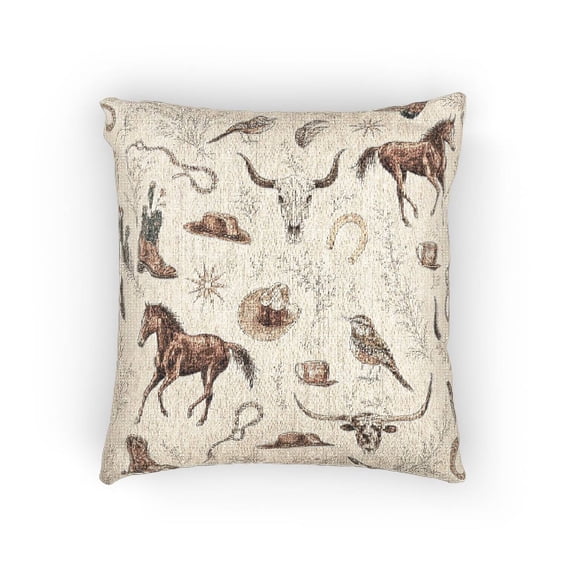 Western Horse and Ranch Icons in Brown and Cream Decorative Woven Pillow, Cotton-Polyester Shell, Rustic Style