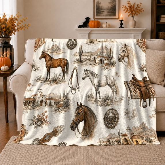 Western Horses With Saddle And Desert Buildings, Soft Flannel Blanket with Vintage Western Sketch Print, Housewarming Gift and Home Decor for Bedroom and Living Room