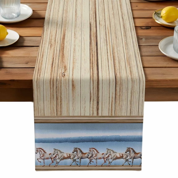 Western Horses Table Runner, Watercolor Brown Running Horse Beige Wood Grain Washable Kitchen Table Runners Dress Scarves for Dining Table Decorations Party, 13x36in