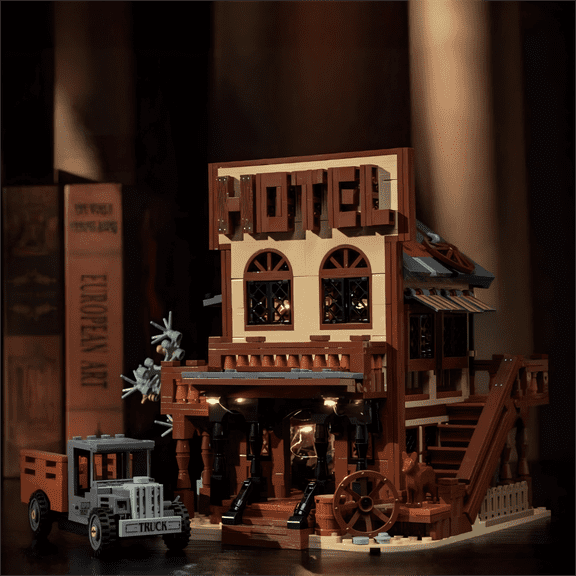 Western Hotel Building Blocks Set, Wild West Town Model with LED Lights & Truck, Creative Birthday Gift, Home Office Table Centerpiece